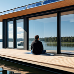 A person in modest, comfortable attire, sitting peacefully on the deck of a modern floating home. The home features sleek, minimalist architecture and is surrounded by calm, clear water, with abundant natural light flowing through large windows. Subtle elements of sustainability are visible, such as integrated solar panels and green planters. The scene emphasizes tranquility and a deep connection with nature. Perfect anatomy, correct proportions, natural pose, well-formed hands, proper finger count, natural body proportions, professional photography, high quality, safe for work, appropriate content, fully clothed, family-friendly.
