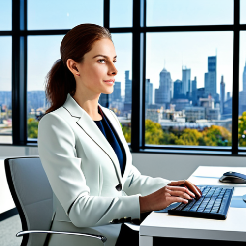 현대건축물 조명과 공간 감성 - Modern Office Space**

"A professional businesswoman in a modest, tailored business suit, working at...