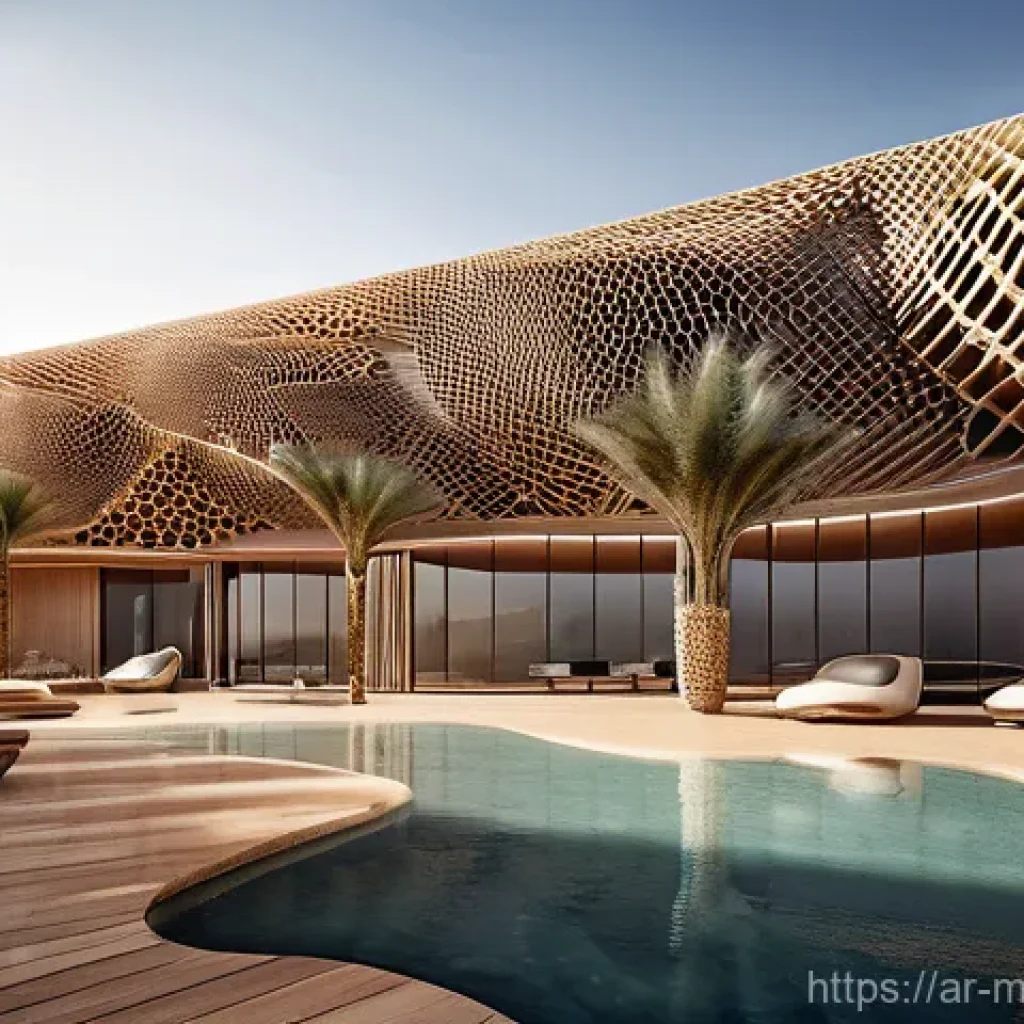 현대건축물 AI 기반 건축 설계 - **Parametric Desert Oasis Architecture:** A hyper-realistic, futuristic architectural complex emergi...