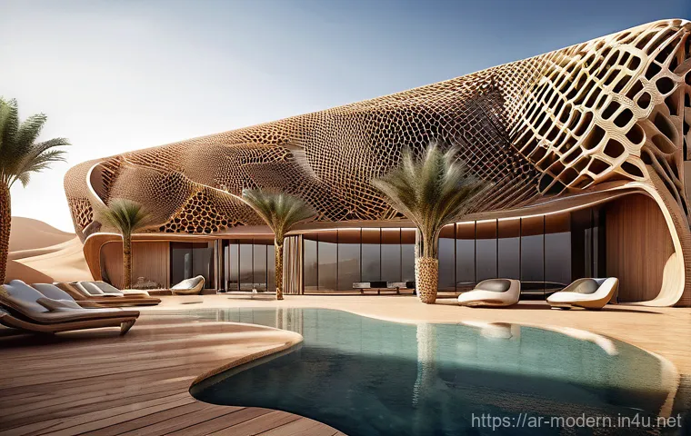 현대건축물 AI 기반 건축 설계 - **Parametric Desert Oasis Architecture:** A hyper-realistic, futuristic architectural complex emergi...