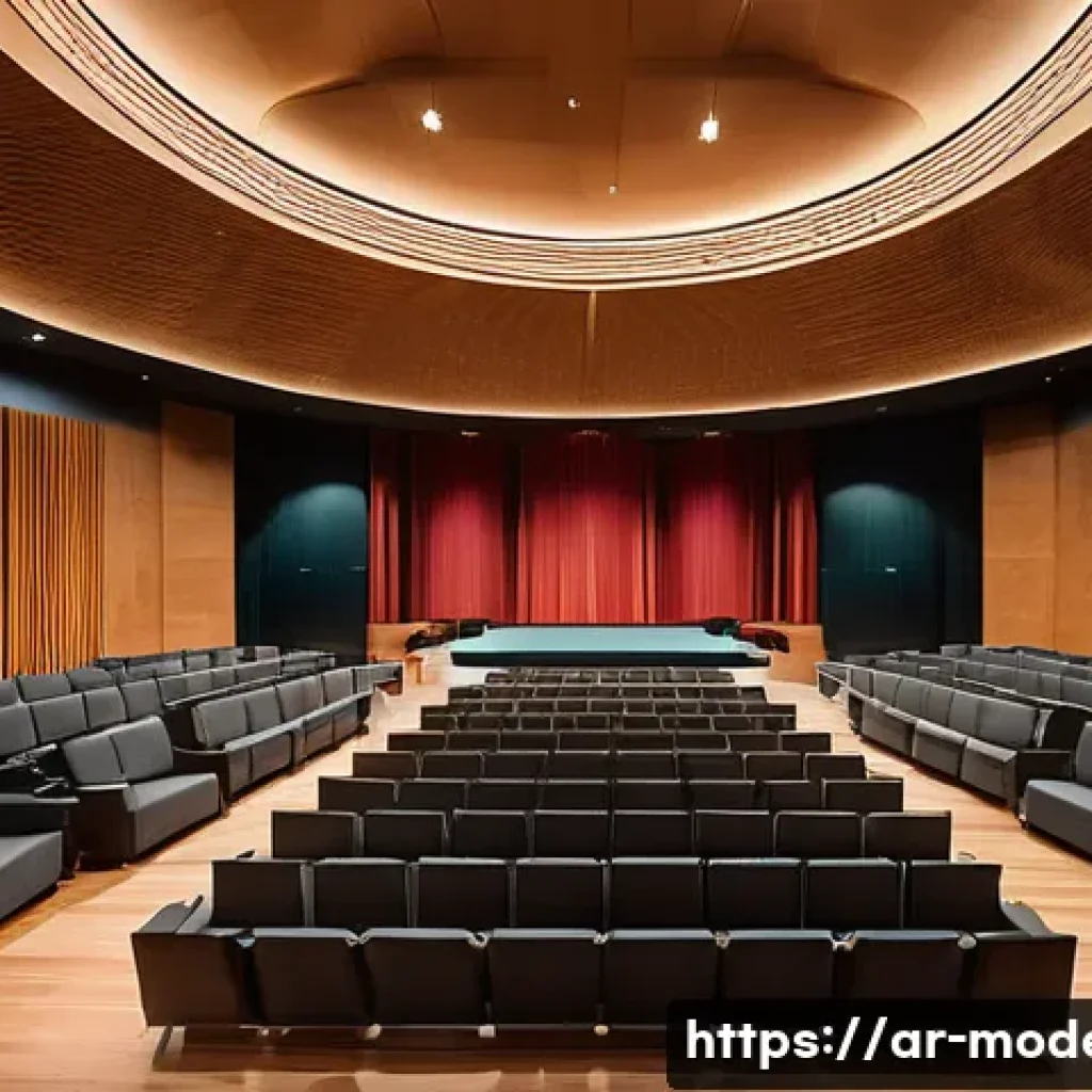 현대건축물 콘서트홀 음향 설계 - A sophisticated concert hall interior showcasing an intricate geometric architectural design optimiz...
