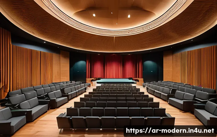 현대건축물 콘서트홀 음향 설계 - A sophisticated concert hall interior showcasing an intricate geometric architectural design optimiz...