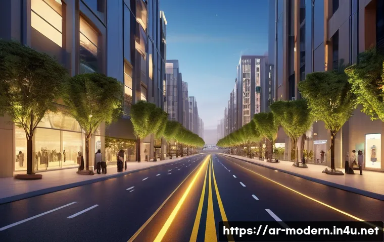 현대건축물 자율주행 차량과 연계 - A futuristic smart city street scene in an Arabian urban environment at dusk, featuring integrated s...