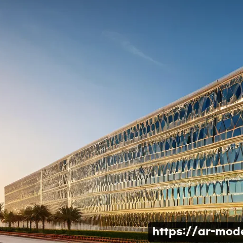 현대건축물 부동산 가치 상승 요소 - A modern smart building exterior in a Middle Eastern urban setting during golden hour, showcasing sl...