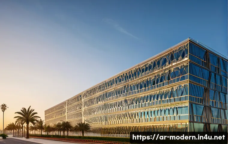 현대건축물 부동산 가치 상승 요소 - A modern smart building exterior in a Middle Eastern urban setting during golden hour, showcasing sl...