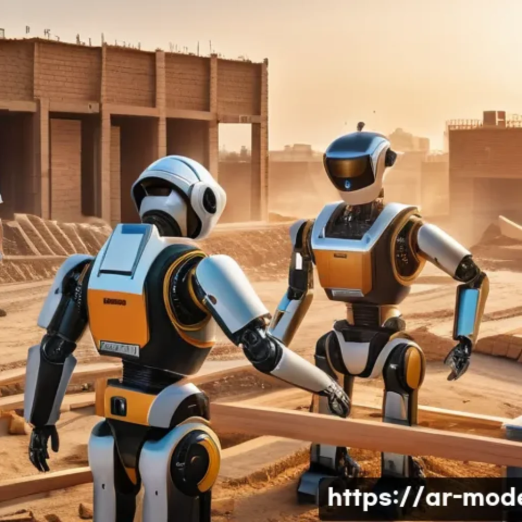 현대건축물 로봇 공법 활용 - A cutting-edge construction site in a Middle Eastern urban setting at golden hour, featuring highly ...