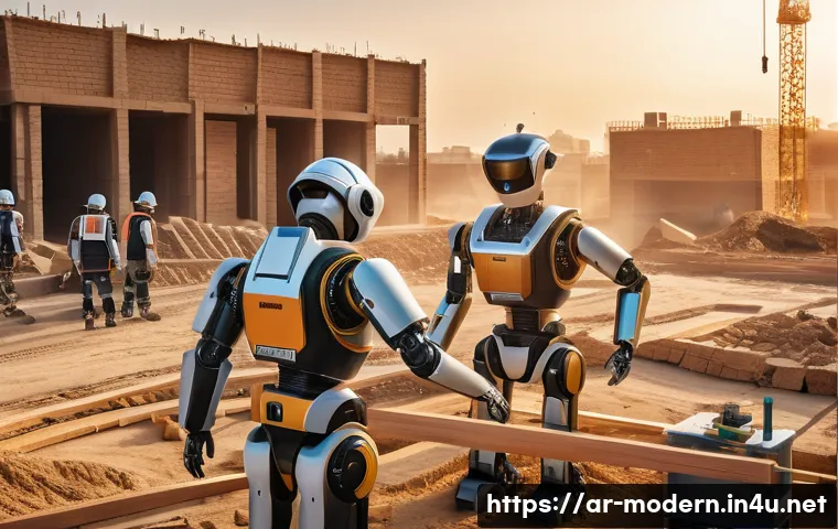 현대건축물 로봇 공법 활용 - A cutting-edge construction site in a Middle Eastern urban setting at golden hour, featuring highly ...