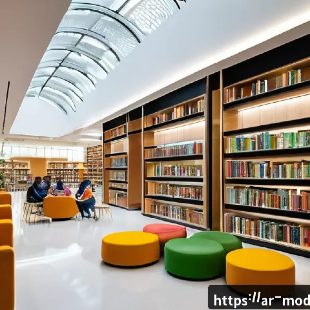 현대건축물 도서관 건축 혁신 - A modern public library interior designed with open flexible spaces that encourage social interactio...