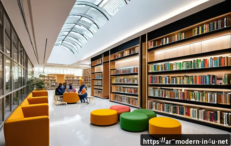 현대건축물 도서관 건축 혁신 - A modern public library interior designed with open flexible spaces that encourage social interactio...