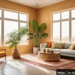 현대건축물 친환경 도료 적용 - A modern Middle Eastern family living room painted with eco-friendly, low-VOC paints in warm, neutra...