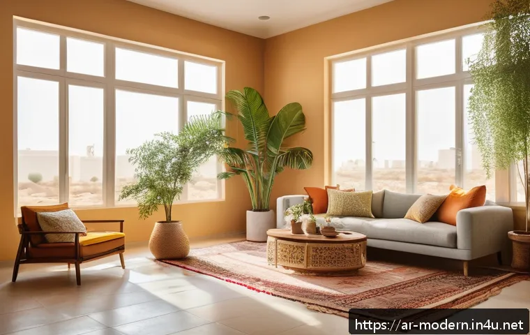 현대건축물 친환경 도료 적용 - A modern Middle Eastern family living room painted with eco-friendly, low-VOC paints in warm, neutra...
