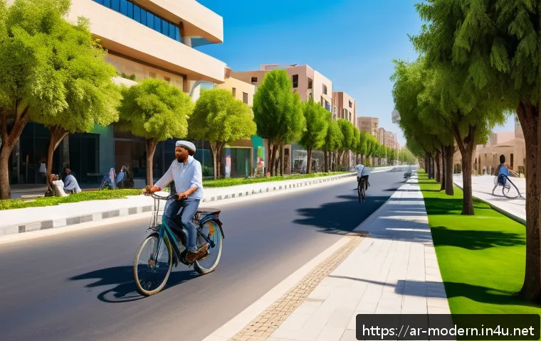 현대건축물 도로와 건축물 연계 - A vibrant urban street scene in a modern Middle Eastern city, featuring seamlessly integrated roads,...