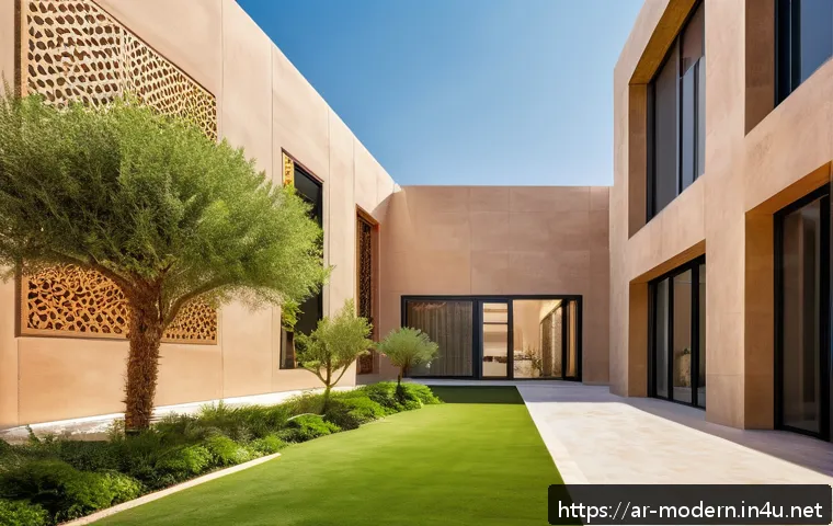 현대건축물 극한 환경 건축 기술 - A modern Middle Eastern residential building featuring advanced nanotechnology thermal insulation pa...