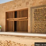 현대건축물 저비용 고효율 설계 - A modern Middle Eastern architectural construction site showcasing the use of locally sourced natura...
