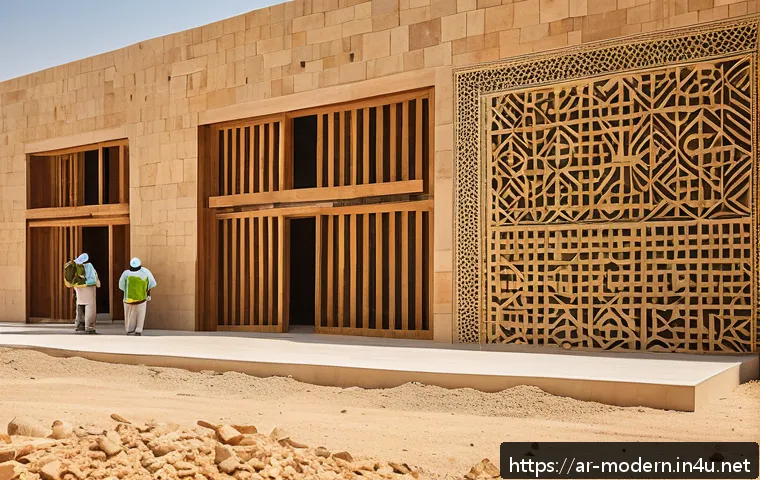 현대건축물 저비용 고효율 설계 - A modern Middle Eastern architectural construction site showcasing the use of locally sourced natura...