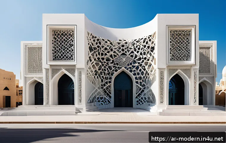 현대건축물 3D 프린팅 건축 - A futuristic architectural construction site in an Arab city, showcasing a large 3D printer actively...
